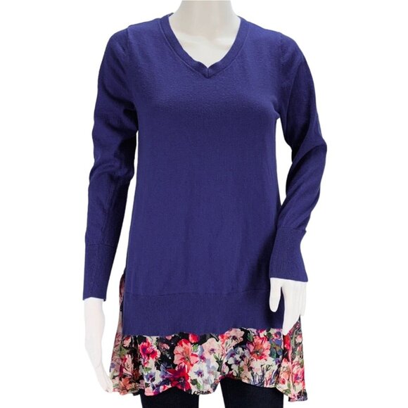 LOGO by Lori Goldstein Sweater Cotton Cashmere Floral Chiffon Hem A261080 Size S - Picture 2 of 13